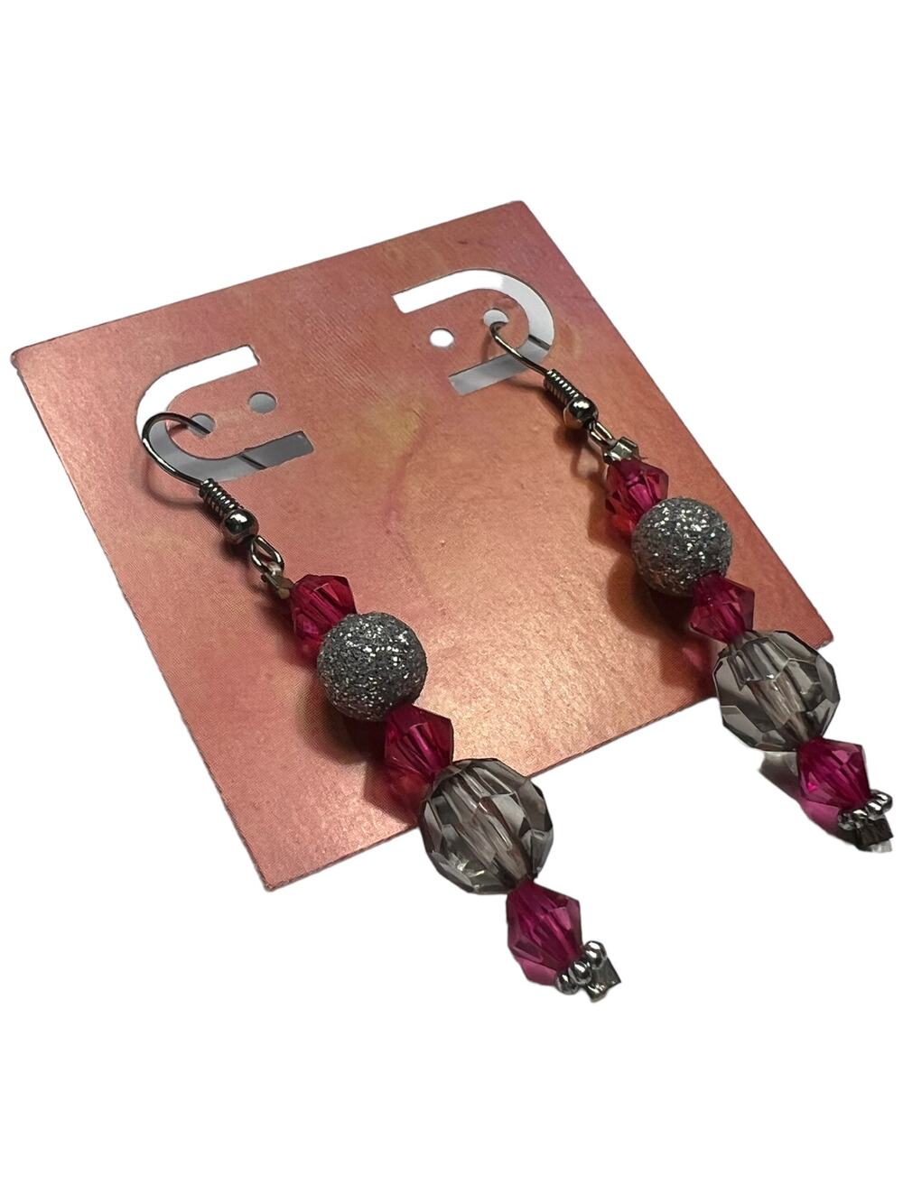Pink Crystal and Silver Glitter Bead Drop Earrings Vintage Style Dangle